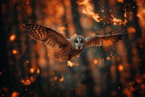 A large owl boldly flies away from a forest fire photo