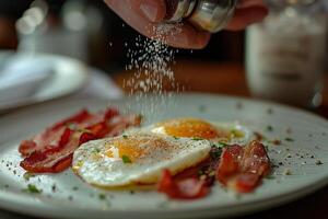 A hand sprinkles a plate with eggs and bacon with salt from a shaker photo