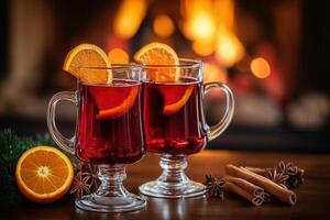 two glasses of mulled wine with oranges and cinnamon photo