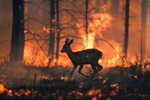 deer bravely runs away from a forest fire photo