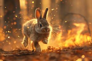 The brave hare runs away from the forest fire photo
