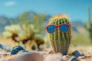 Cheerful cactus in sunglasses on a sunny day in the desert photo