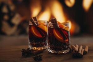 Two glasses of red mulled wine. Hot winter drink with cinnamon, cardamom, orange, anise, Selective focus, soft blurred background, bokeh photo