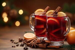 Two glasses of red mulled wine. Hot winter drink with cinnamon, cardamom, orange, anise, Selective focus, soft blurred background, bokeh photo