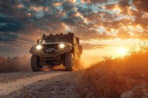 Military vehicle driving on a dirt road during sunse photo