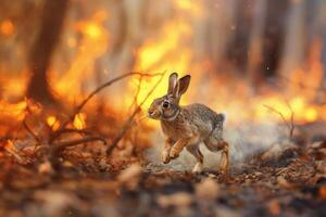The brave hare runs away from the forest fire photo