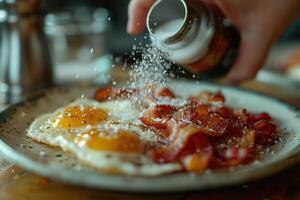 a person sprinkling salt on eggs and bacon photo
