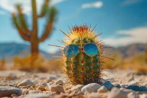 Cheerful cactus in sunglasses on a sunny day in the desert photo
