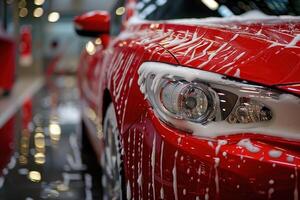 car being cleaned with soapy solutions. Car Wash Service, Vehicle Detailing photo