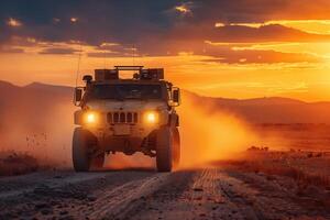 a military vehicle driving on a dirt road at sunset photo