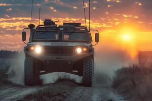 Military vehicle driving on a dirt road during sunse photo