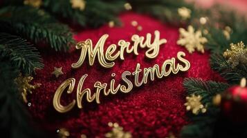 Golden letters Merry Christmas in the center on a red background with fir branches photo