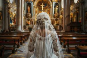 elderly woman bride in front of the altar in a wedding dress photo