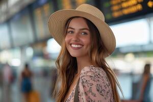 happy woman with luggage, against the background of the departure board in the airport terminal, travel concept photo