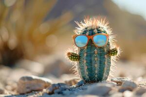 Cheerful cactus in sunglasses on a sunny day in the desert photo