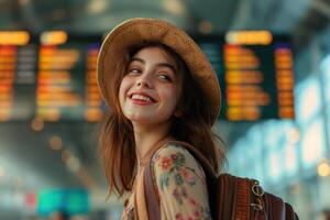 happy woman with luggage, against the background of the departure board in the airport terminal, travel concept photo
