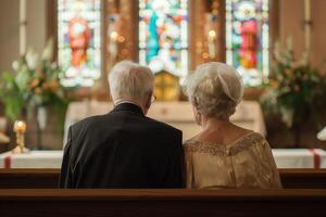 elderly couple bride and groom in front of the altar photo