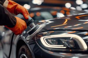 Professional detailing a car in car studio, hands with orbital polisher, scratching remover, vehicle care concept photo