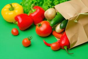 Paper bag with fresh vegetables on a green background. healthy eating concept photo