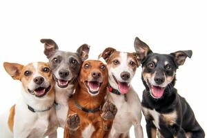 team group row of dogs taking a selfie isolated on white background, smile and happy photo
