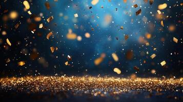 golden confetti on a dark background, festive background photo