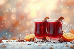 mulled wine with cinnamon stick and orange slice on wooden rustic table, close-up. Traditional hot drink for Christmas photo