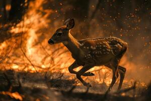 deer bravely runs away from a forest fire photo
