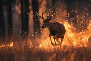 deer bravely runs away from a forest fire photo