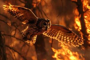 A large owl boldly flies away from a forest fire photo