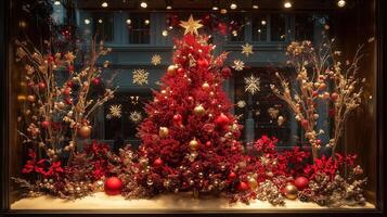 holiday window display featuring a lavishly decorated festive tree with twinkling lights surrounded by golden ornaments and snowflakes photo