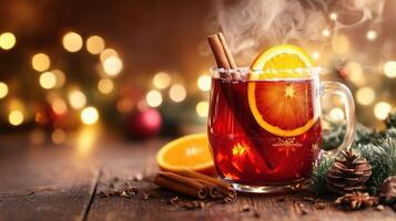 a glass of hot mulled tea with oranges and cinnamon photo