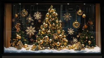 holiday window display featuring a lavishly decorated festive tree with twinkling lights surrounded by golden ornaments and snowflakes photo