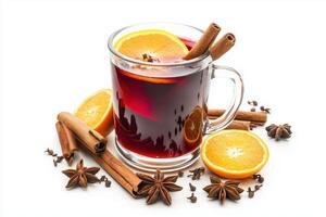 glass cup Hot red mulled wine with orange slice, anise and cinnamon sticks on white background photo