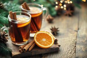 mulled wine with cinnamon stick and orange slice on wooden rustic table, close-up. Traditional hot drink for Christmas photo
