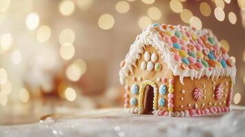 a gingerbread house with a christmas tree in the background photo