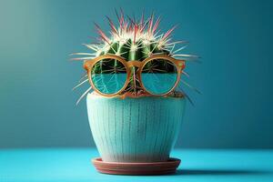 cactus in sunglasses on a blue background photo