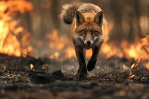 Fox bravely runs away from a forest fire photo