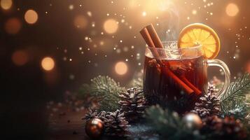 A steaming mug of mulled wine garnished with a cinnamon stick and an orange slice against a festive background photo