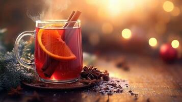a glass of hot mulled wine with cinnamon and orange slices photo