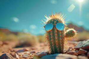 Cheerful cactus in sunglasses on a sunny day in the desert photo