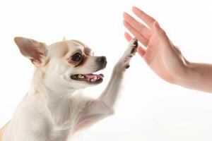 Joyful chihuahua excitedly high-fives human hand on white background photo
