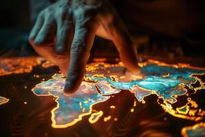 Human hand interacting with a glowing, digital representation of a global map photo