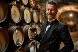 Sommelier holding a glass of red wine in a wine cellar, barrels and bottles in the background photo