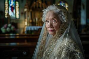 elderly woman bride in front of the altar in a wedding dress photo