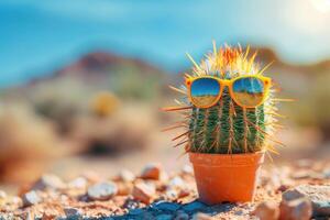 Cheerful cactus in sunglasses on a sunny day in the desert photo