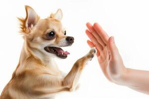 Joyful chihuahua excitedly high-fives human hand on white background photo