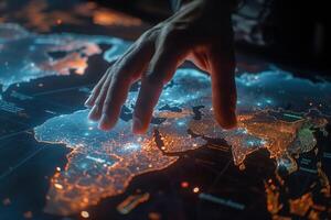 Human hand interacting with a glowing, digital representation of a global map photo