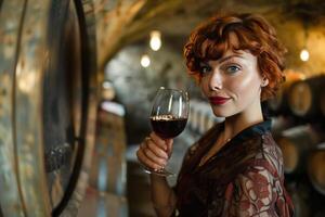 Elegant female sommelier holding glass of red wine in wine cellar, wine barrels in background photo