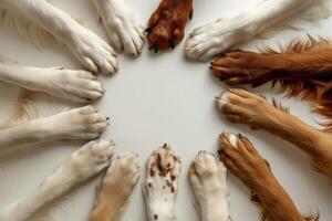A close-up shot of multiple dogs' paws coming together in a circle, symbolizing unity, teamwork, and friendship photo