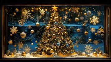 holiday window display featuring a lavishly decorated festive tree with twinkling lights surrounded by golden ornaments and snowflakes photo